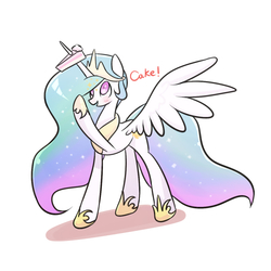 Size: 1200x1200 | Tagged: safe, artist:joycall6, princess celestia, alicorn, pony, g4, blushing, cake, cakelestia, captain obvious, cute, cutelestia, eyes on the prize, female, looking up, one word, open mouth, pointing, sillestia, smiling, solo, spread wings, truth