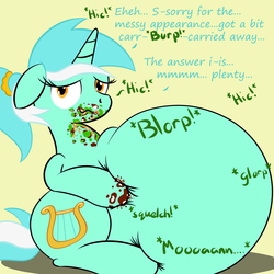 Size: 3400x3400 | Tagged: safe, artist:zeldafan777, lyra heartstrings, unicorn, ask fatbelliedlyra, adorafatty, alternate hairstyle, ask, belly, burp, fat, female, gross, hiccup, impossibly large belly, lard-ra heartstrings, mare, messy, messy eating, morbidly obese, obese, onomatopoeia, overweight, ponytail, solo, stomach noise, stuffing, tumblr, weight gain