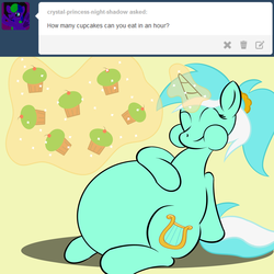 Size: 3400x3400 | Tagged: safe, artist:zeldafan777, lyra heartstrings, ask fatbelliedlyra, g4, alternate hairstyle, ask, belly, eating, fat, female, high res, lard-ra heartstrings, obese, overeating, ponytail, solo, stuffing, tumblr, weight gain