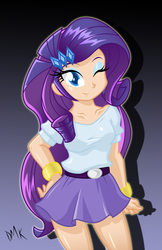 Size: 1620x2500 | Tagged: safe, artist:danmakuman, rarity, human, equestria girls, g4, clothes, female, human coloration, light skin, looking at you, skirt, solo, wink