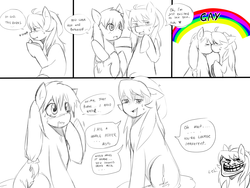 Size: 1600x1200 | Tagged: safe, artist:meewin, oc, oc only, chilli, comic, female, gay, kissing, lesbian, male, monochrome, prank, troll