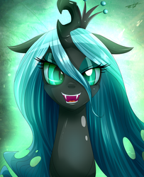 Size: 1950x2400 | Tagged: safe, artist:kyodashiro, queen chrysalis, changeling, changeling queen, g4, bedroom eyes, blushing, crown, female, jewelry, looking at you, open mouth, regalia, solo