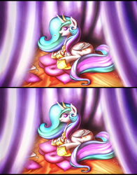 Size: 1280x1630 | Tagged: safe, artist:shydale, princess celestia, g4, bed, butt, candy, colored eyelashes, curtains, dock, eating, eyelashes, female, looking at you, looking back, magic, on side, pillow, plot, smiling, solo, telekinesis