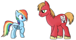 Size: 750x400 | Tagged: safe, artist:karmadash, big macintosh, rainbow dash, earth pony, pony, g4, blushing, heart, male, note, raised leg, ship:rainbowmac, shipping, smiling, stallion, straight