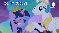 Size: 1312x739 | Tagged: safe, screencap, princess celestia, twilight sparkle, alicorn, pony, g4, twilight's kingdom, do it filly, female, hub logo, mare, new crown, twilight sparkle (alicorn)