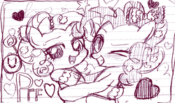 Size: 1023x607 | Tagged: safe, artist:momo, pinkie pie, g4, cute, diapinkes, duality, famihara, grayscale, hug, monochrome