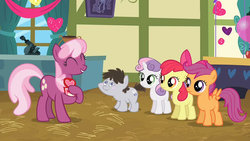 Size: 1152x648 | Tagged: safe, artist:dtkraus, edit, edited screencap, screencap, apple bloom, cheerilee, scootaloo, sweetie belle, truffle shuffle, pony, g4, hearts and hooves day (episode), card, colt, cutie mark crusaders, female, filly, foal, hearts and hooves day, male, mare, marsupial, ponyville schoolhouse, pouch, wat
