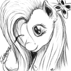 Size: 800x800 | Tagged: safe, artist:robbergon, fluttershy, butterfly, g4, female, monochrome, portrait, smiling, solo