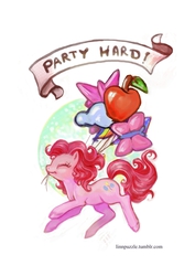 Size: 1699x2400 | Tagged: safe, artist:linnpuzzle, pinkie pie, earth pony, pony, g4, balloon, eyes closed, female, mare, mouth hold, old banner, party hard, solo