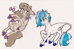 Size: 1723x1161 | Tagged: safe, artist:mylittlerainbowtail, dj pon-3, octavia melody, vinyl scratch, classical unicorn, g4, horn, leonine tail, traditional art