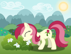 Size: 788x603 | Tagged: safe, artist:mattbas, roseluck, earth pony, pony, g4, .svg available, eyes closed, female, flower, flower in mouth, happy, mare, mouth hold, show accurate, solo, svg, vector