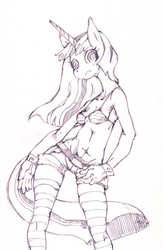 Size: 520x800 | Tagged: safe, artist:yachimata, twilight sparkle, anthro, g4, belly button, female, monochrome, pixiv, solo