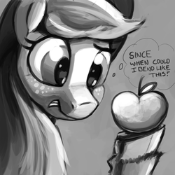 Size: 3000x3000 | Tagged: safe, artist:dimfann, applejack, g4, apple, dexterous hooves, dexterous wrists, female, grayscale, high res, hooves, monochrome, solo