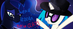 Size: 1000x400 | Tagged: safe, dj pon-3, princess luna, vinyl scratch, g4, crying, fedora, fedora shaming, grin, hat, sad, smiling