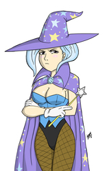 Size: 1500x2400 | Tagged: safe, artist:mono-phos, trixie, human, g4, breasts, cape, clothes, female, fishnet clothing, fishnet stockings, hat, humanized, magician outfit, pouting, solo, stockings, thigh highs, trixie's cape, trixie's hat