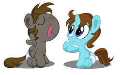 Size: 1600x989 | Tagged: safe, artist:slitherpon, oc, oc only, oc:bailey, oc:zeus, pony, baby, baby pony, cute, diaper, duo, female, foal, male, siblings, simple background, sitting