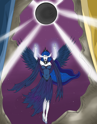 Size: 1024x1299 | Tagged: safe, artist:helloduncan, princess luna, human, g4, my little pony: friendship is magic, princess twilight sparkle (episode), angry, colored, eclipse, female, glowing eyes, humanized, scene interpretation, solo, winged humanization