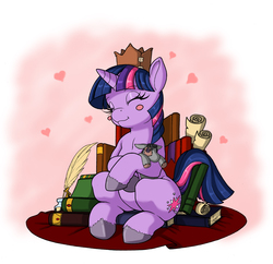 Size: 984x954 | Tagged: safe, artist:longinius, smarty pants, twilight sparkle, pony, unicorn, g4, adorkable, blush sticker, blushing, book, crown, cute, dork, eyes closed, female, filly, happy, heart, hug, quill, scroll, sitting, smiling, solo, throne, unshorn fetlocks