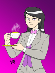 Size: 1000x1333 | Tagged: safe, artist:mono-phos, octavia melody, human, g4, bowtie, clothes, cup, female, gradient background, humanized, lidded eyes, smiling, solo, suit, tea, teacup, waistcoat