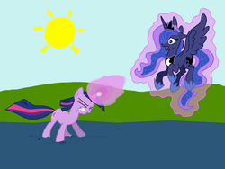 Size: 4096x3072 | Tagged: safe, artist:lordeguk, princess luna, twilight sparkle, alicorn, pony, unicorn, g4, duo, female, levitation, magic, mare, telekinesis