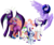 Size: 800x668 | Tagged: dead source, safe, artist:arcadianphoenix, oc, oc only, oc:opal flare, oc:prince shining romance, oc:princess morning mist, oc:princess starlight swirl, oc:radiant aegis, oc:sapphire blitz, crystal pony, dracony, hybrid, pegasus, pony, unicorn, flying, interspecies offspring, looking at you, next generation, offspring, parent:flash sentry, parent:princess cadance, parent:princess celestia, parent:rarity, parent:shining armor, parent:spike, parent:twilight sparkle, parents:flashlight, parents:guardlestia, parents:shiningcadance, parents:sparity, raised hoof, rearing, smiling, spread wings