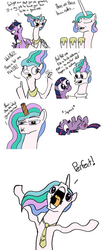 Size: 397x947 | Tagged: safe, artist:greyscaleart, princess celestia, twilight sparkle, alicorn, pony, g4, cardboard, comic, derp, extra legs, lowres, necktie, perfection, playing dead, random, sillestia, toilet paper roll, twilight sparkle (alicorn), uselesstia, wat