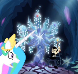 Size: 600x573 | Tagged: safe, artist:azdaracylius, princess celestia, tree of harmony, g4, axe, dan, dan vs, glass, weapon