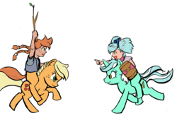 Size: 1280x905 | Tagged: artist needed, safe, edit, applejack, lyra heartstrings, oc, oc:cinnamon cider, oc:hope, satyr, g4, colored, filly, galloping, grin, jousting, mother and daughter, offspring, parent:applejack, parent:lyra heartstrings, pointing, riding, running, shield, smiling, stick
