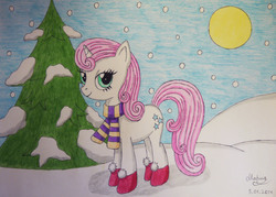 Size: 3138x2248 | Tagged: safe, artist:mariafauna, twinkleshine, pony, g4, bedroom eyes, boots, clothes, female, high res, scarf, snow, snowfall, solo, sun, traditional art, tree, winter