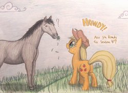 Size: 1047x763 | Tagged: safe, artist:thefriendlyelephant, applejack, earth pony, horse, pony, g4, season 4, butt, confused, cowboy hat, duo, eating, female, furry confusion, grass, grazing, hat, herbivore, hill, horse-pony interaction, mare, plot, question mark, talking, traditional art, who's a silly pony
