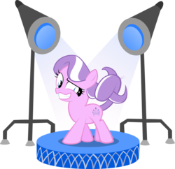 Size: 1000x969 | Tagged: safe, artist:magerblutooth, diamond tiara, earth pony, pony, g4, awkward, female, filly, foal, missing accessory, simple background, solo, spotlight, stage, tangled up, transparent background, vector
