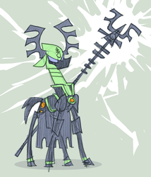 Size: 602x702 | Tagged: safe, artist:vanripper, deer, eldar, eldeer, crossover, green background, magic staff, ponified, psyker, simple background, solo, staff, warhammer (game), warhammer 40k, warlock