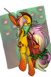 Size: 730x1095 | Tagged: safe, artist:star-the-raccoon, applejack, g4, apple, bandana, female, gun, rainbow power, rifle, solo