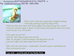 Size: 520x398 | Tagged: safe, applejack, g4, /mlp/, 4chan, 4chan screencap, anon in equestria, greentext, rejection, rejection is magic, sad, text