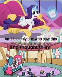Size: 1280x1600 | Tagged: safe, artist:fimflamfilosophy, pinkie pie, rarity, fanfic:bittersweet, rainbow dash presents, g4, inspiration manifestation, cartoon physics, comfort eating, comparison, couch, crying, digestion without weight gain, eating, fainting couch, hammerspace, hammerspace belly, ice cream, marshmelodrama, nom, running makeup, stuffing, suicide, underhoof