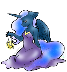 Size: 426x458 | Tagged: safe, artist:bunnycat, princess luna, alicorn, anthro, g4, clothes, dress, female, magic, moon, simple background, solo