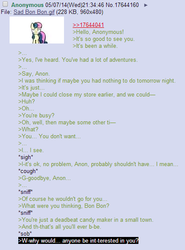 Size: 425x575 | Tagged: safe, bon bon, sweetie drops, g4, /mlp/, 4chan, 4chan screencap, anon in equestria, greentext, rejection, rejection is magic, sad, text