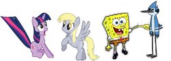 Size: 900x322 | Tagged: safe, artist:angrynoahs, derpy hooves, twilight sparkle, pegasus, pony, g4, female, implied death, male, mare, mordecai, spongebob squarepants, spongebob squarepants (character)