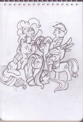 Size: 737x1085 | Tagged: safe, artist:eggrole7, applejack, fluttershy, pinkie pie, rainbow dash, rarity, twilight sparkle, friendship is magic, g4, mane six, monochrome, traditional art