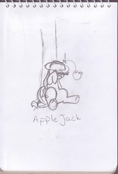 Size: 738x1083 | Tagged: safe, artist:eggrole7, applejack, g4, apple, female, food, monochrome, sitting, solo, traditional art, tree