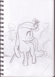 Size: 752x1063 | Tagged: safe, artist:eggrole7, applejack, g4, the cutie mark chronicles, female, looking back, monochrome, scene interpretation, solo, younger