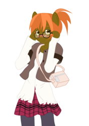 Size: 1488x2105 | Tagged: safe, artist:destinyprogenitor, button mash, anthro, g4, ambiguous facial structure, blouse, blushing, clothes, crossdressing, explicit source, fimfiction, glasses, jacket, lunchbox, male, older, skirt, solo, stockings, teenager