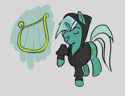 Size: 1017x786 | Tagged: safe, artist:eggrole7, lyra heartstrings, fanfic:background pony, g4, clothes, female, hoodie, lyre, musical instrument, solo
