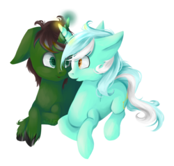 Size: 3092x2959 | Tagged: safe, artist:emiliearts, lyra heartstrings, oc, oc:8-bit, g4, canon x oc, couple, high res, horn, horns are touching
