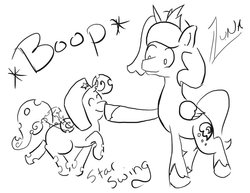 Size: 1017x786 | Tagged: safe, artist:eggrole7, princess luna, oc, oc:star swing, changeling, g4, boop, eyes closed, hat, monochrome, raised hoof, raised leg, smiling, ushanka