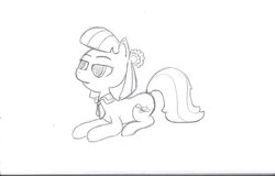 Size: 1024x654 | Tagged: safe, artist:eggrole7, coco pommel, g4, my little pony: friendship is magic, rarity takes manehattan, female, monochrome, prone, solo, traditional art