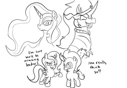 Size: 2328x1604 | Tagged: safe, artist:frikdikulous, king sombra, nightmare moon, princess luna, g4, colt, dialogue, female, filly, irony, male, monochrome, ship:lumbra, shipping, sketch, sombramoon, straight, this will end in tears, woona