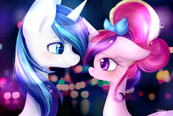 Size: 3000x2000 | Tagged: safe, artist:mrsremi, princess cadance, shining armor, alicorn, pony, unicorn, g4, blushing, bow, bust, date, duo, female, floppy ears, hair bow, high res, looking at each other, male, mare, night, stallion, straight, younger