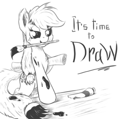 Size: 904x892 | Tagged: safe, artist:rallerae, applejack, g4, female, grayscale, monochrome, mouth hold, paintbrush, solo, text