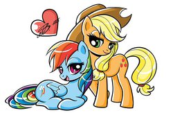 Size: 800x520 | Tagged: safe, artist:k-a-m-b-i, applejack, rainbow dash, g4, bedroom eyes, eye contact, female, heart, lesbian, prone, ship:appledash, shipping